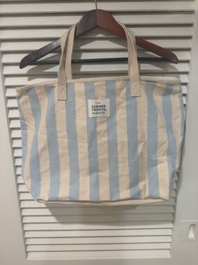 Summer Fridays Blue & White Striped Canvas Tote Bag |Beach Market Everyday Carry